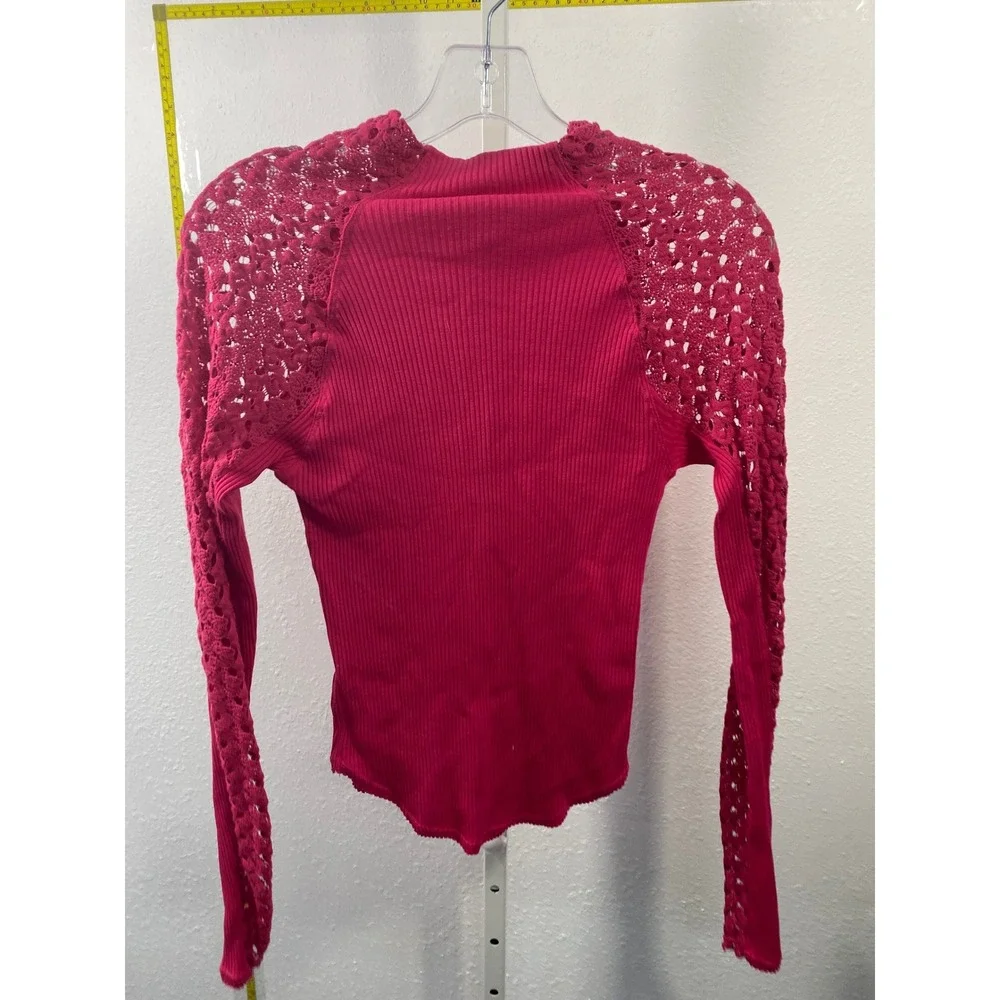 Free People Magenta Pink Ribbed Crochet Lace Long Sleeve Top Mock Neck Medium